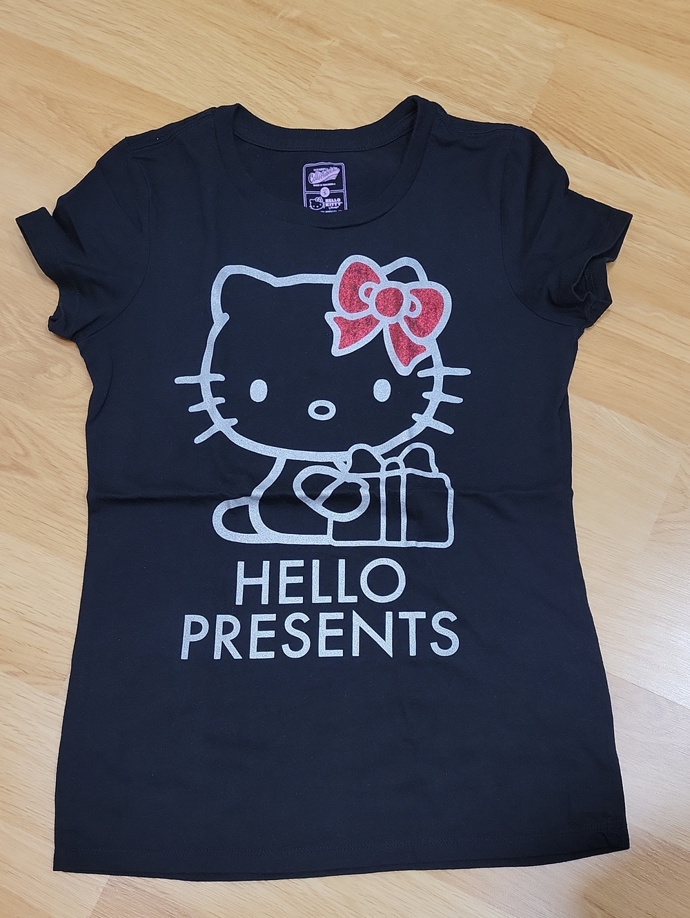 Hello Kitty Black Tee with Silver Outline and Red Glitter Bow